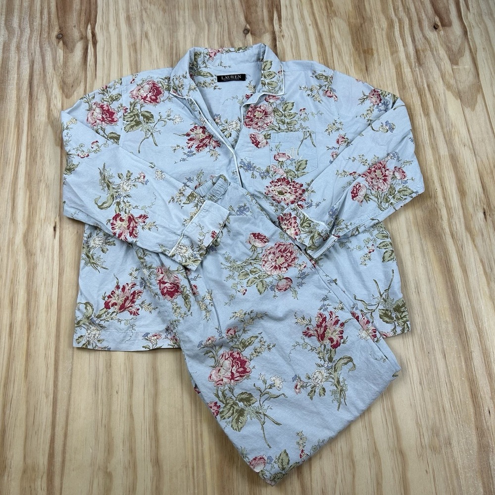 Lauren Ralph Lauren Women's XL Blue Floral Rose Cotton 2 Piece Pajama Sleep Set